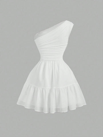 White Dreamy Romantic Elegant Dress With Ruffle Trim & 3D Floral Decor, Asymmetrical Shoulder, Fo
