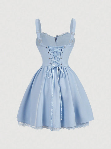 White Front Striped Bra Cup Lace Splicing Backside Tie-Up Cropped Mini Dress