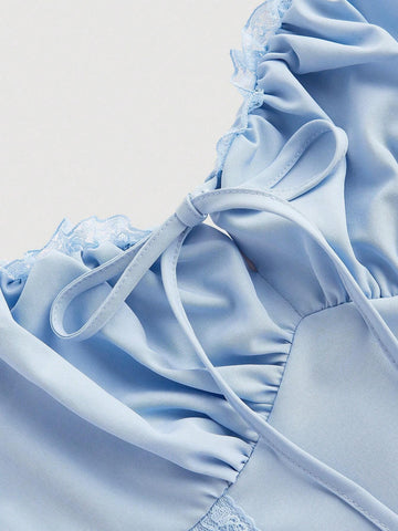 White Front Striped Bra Cup Lace Splicing Backside Tie-Up Cropped Mini Dress