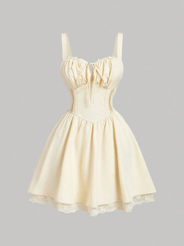 White Front With Cup Lace Splice Backstrap Cropped Skirt Dress