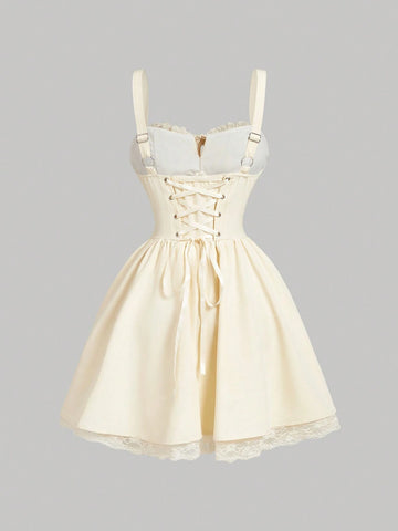 White Front With Cup Lace Splice Backstrap Cropped Skirt Dress