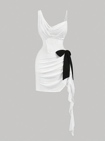 White Off-Shoulder Fishbone Romantic Floating Belt Asymmetrical Summer Dress Dress Party
