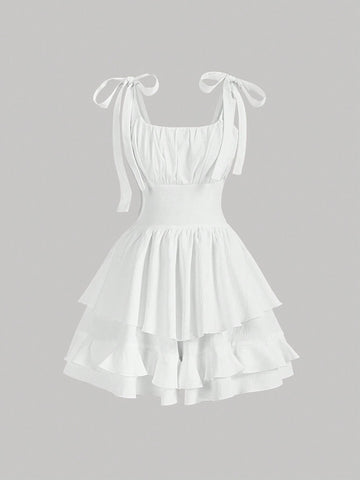 White Pleated Ruffle Hem Countryside Vacation Jumpsuit For Summer