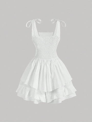 White Pleated Ruffle Hem Countryside Vacation Jumpsuit For Summer