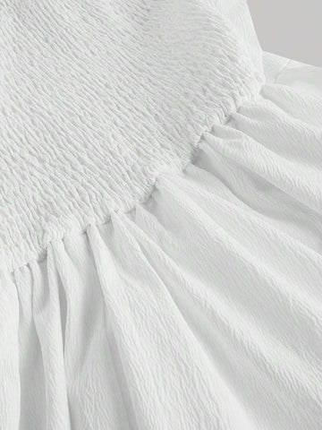 White Pleated Ruffle Hem Countryside Vacation Jumpsuit For Summer