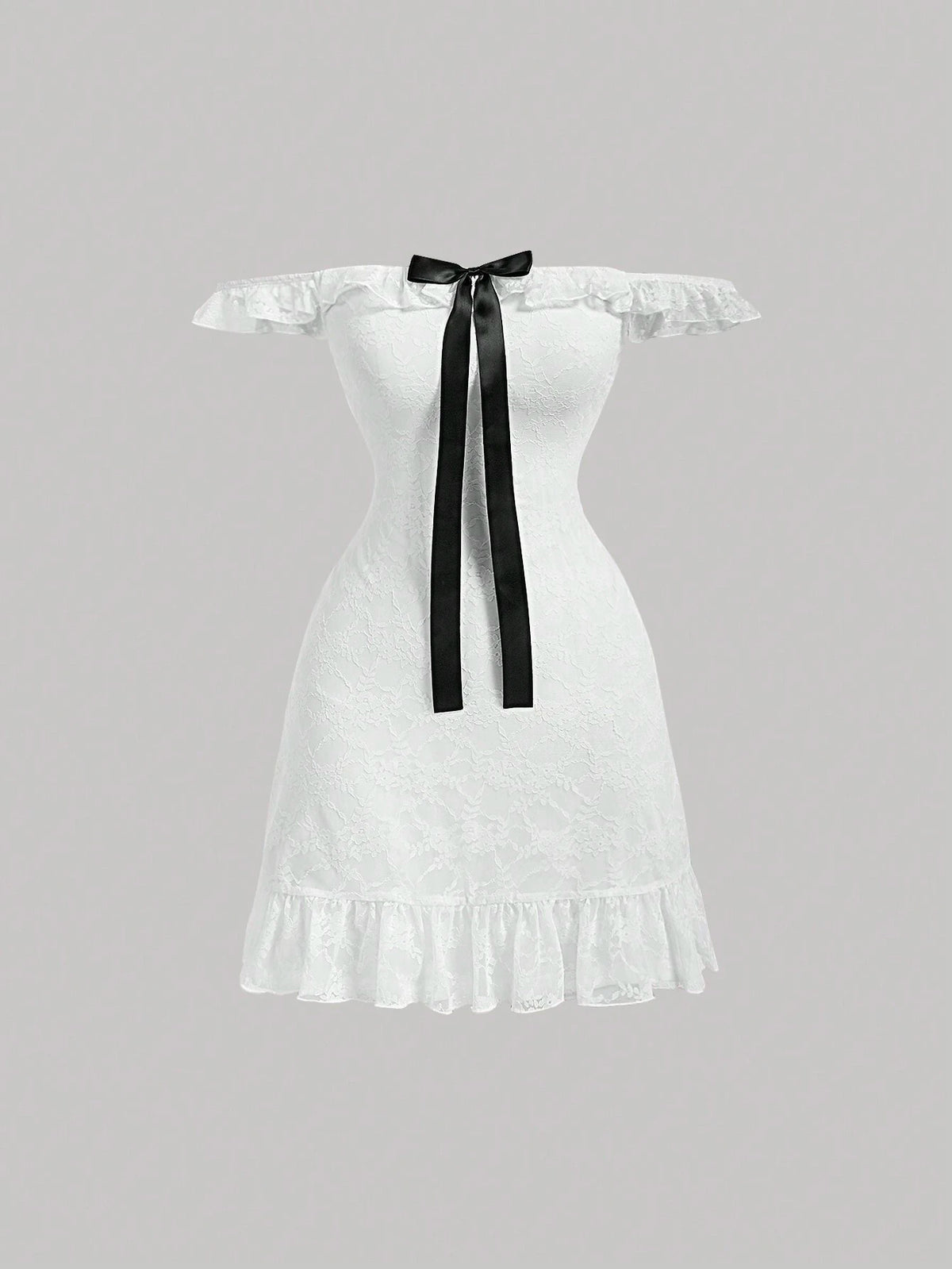 White Ruffled Off-Shoulder Short Dress With Flared Hem, Long Bow Tie, Summer Holidays, Parties
