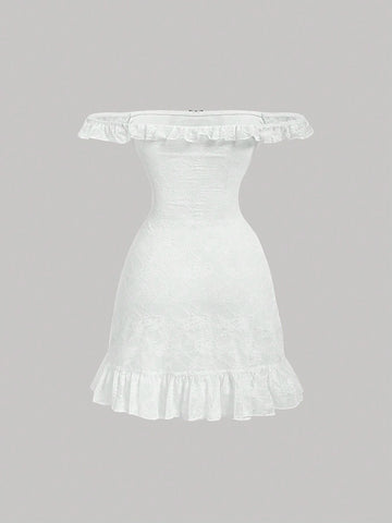 White Ruffled Off-Shoulder Short Dress With Flared Hem, Long Bow Tie, Summer Holidays, Parties