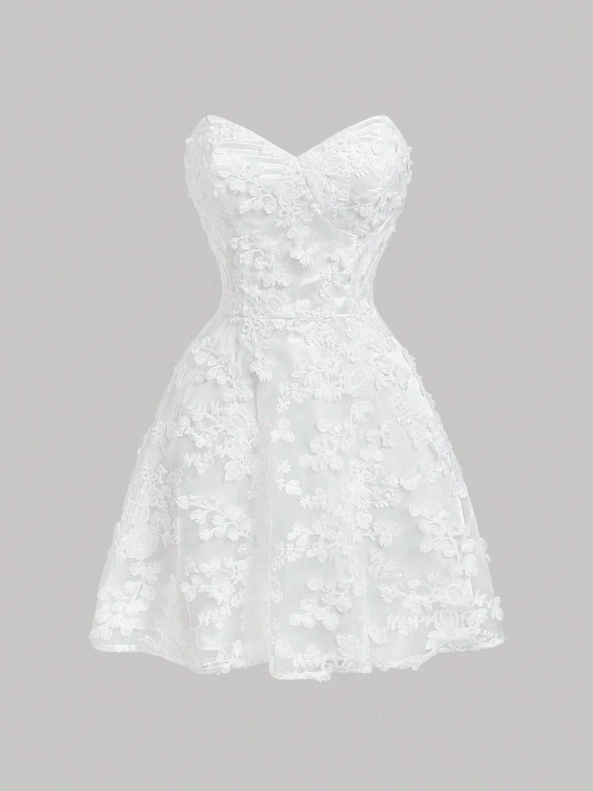 White Wedding Summer Party Lace Floral Embroidery Mesh Tulle Fairy A-Line Dress With Bust Cups