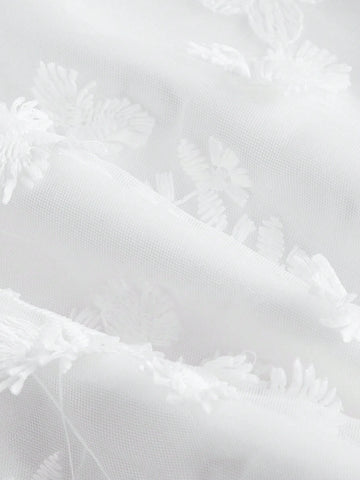 White Wedding Summer Party Lace Floral Embroidery Mesh Tulle Fairy A-Line Dress With Bust Cups
