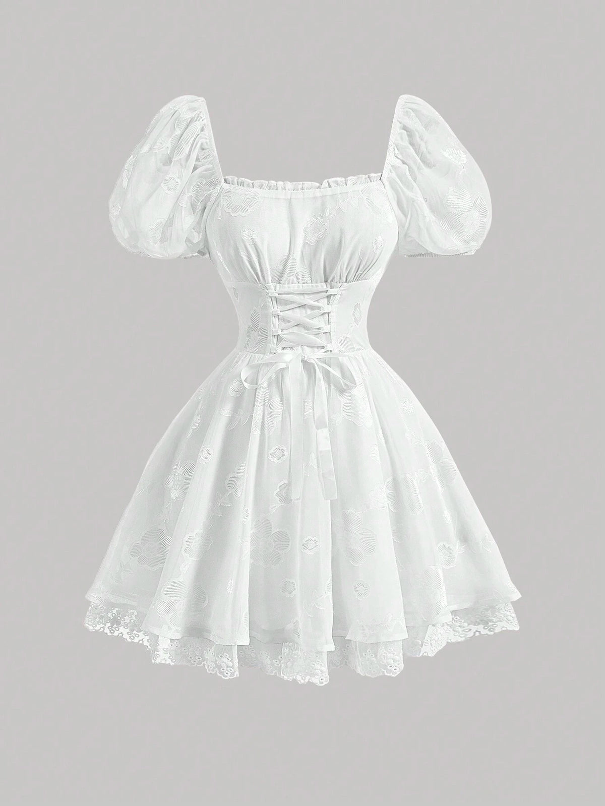 White Wedding Summer Party Short Dress With Scattered Cutout Floral Pattern, Bow-Tied Front And A-Line Dress