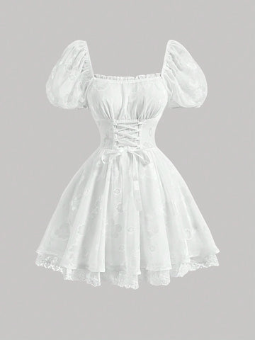 White Wedding Summer Party Short Dress With Scattered Cutout Floral Pattern, Bow-Tied Front And A-Line Dress