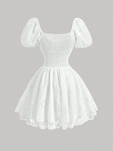 White Wedding Summer Party Short Dress With Scattered Cutout Floral Pattern, Bow-Tied Front And A-Line Dress