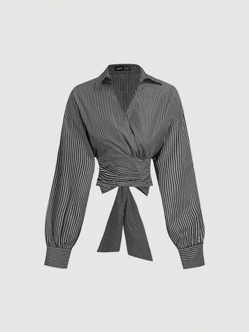 MOD White & Khaki Striped Asymmetric Wrapped Long Sleeve Shirt