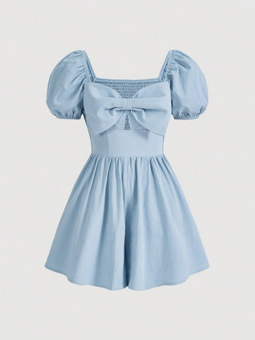 Women'S Backless Bubble Short Sleeve Jumpsuit With Bowknot Decoration