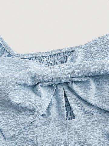 Women'S Backless Bubble Short Sleeve Jumpsuit With Bowknot Decoration