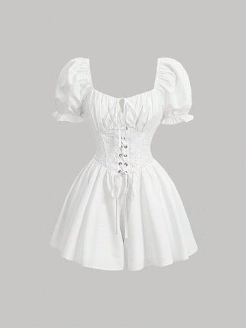 Women'S Bubble Sleeve Romper With Ruched Bust