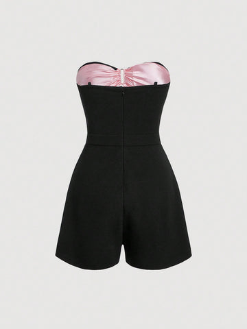 Women'S Colorblocking Ruched Strapless Jumpsuit With Shorts