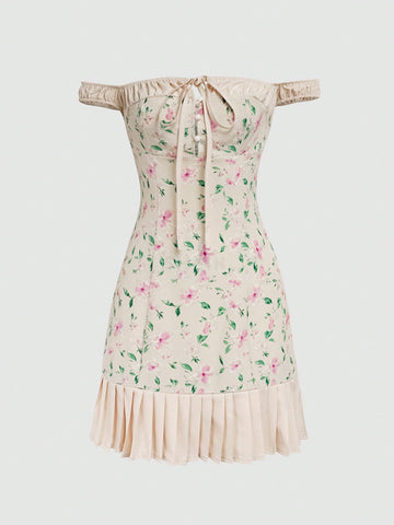 MOD Women'S Floral Print Off-Shoulder Pleated Hem Dress