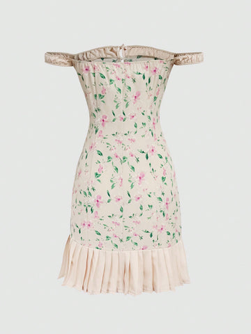 MOD Women'S Floral Print Off-Shoulder Pleated Hem Dress