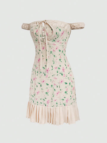 MOD Women'S Floral Print Off-Shoulder Pleated Hem Dress