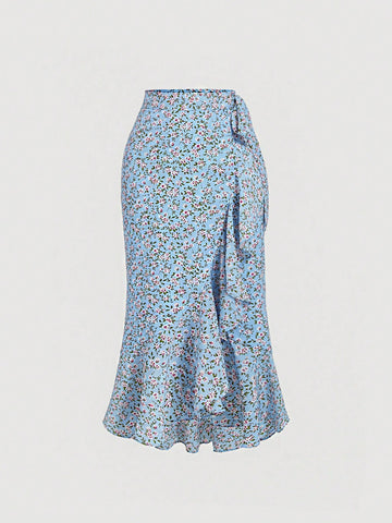 MOD Women'S Floral Printed Skirt With Side Knot And Ruffled Hem
