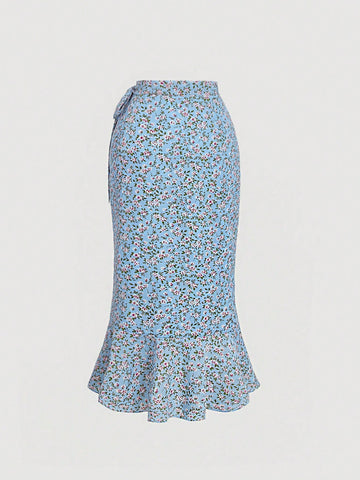 MOD Women'S Floral Printed Skirt With Side Knot And Ruffled Hem