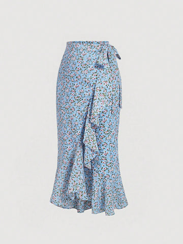 MOD Women'S Floral Printed Skirt With Side Knot And Ruffled Hem