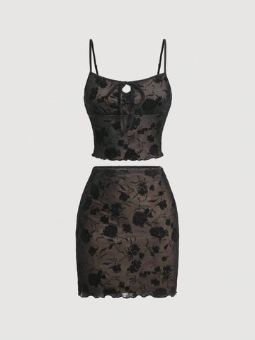 Women'S Floral Printed Spaghetti Strap Tank Top And Skirt Set