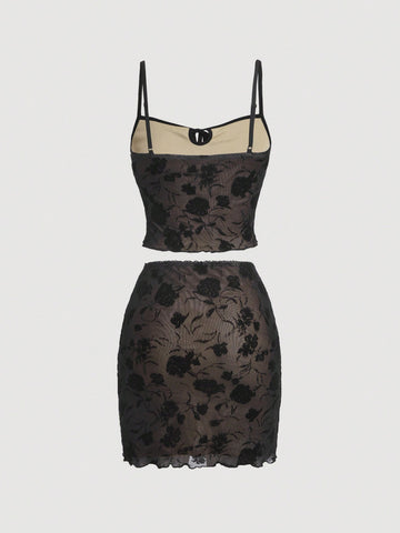 Women'S Floral Printed Spaghetti Strap Tank Top And Skirt Set