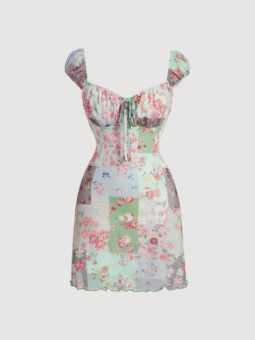 MOD Women'S Floral Printed Sweetheart Neckline Tie Dress