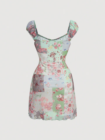 MOD Women'S Floral Printed Sweetheart Neckline Tie Dress