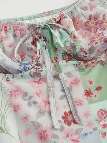 MOD Women'S Floral Printed Sweetheart Neckline Tie Dress