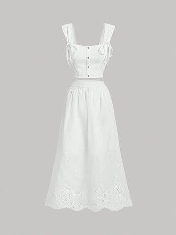 Women'S Solid Color Button Detail Camisole And Skirt Two Piece Set