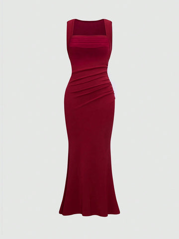 MOD Women'S Square Neck Pleated Sleeveless Dress