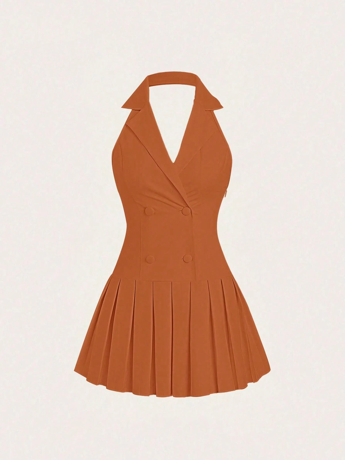 Women`S Summer Solid Color Pleated Hem Halter Neck Dress