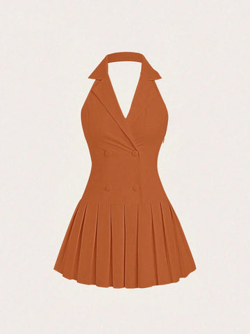 Women`S Summer Solid Color Pleated Hem Halter Neck Dress