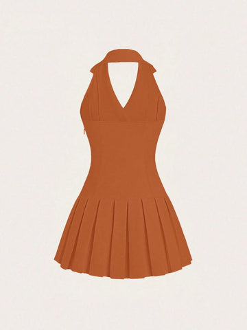 Women`S Summer Solid Color Pleated Hem Halter Neck Dress