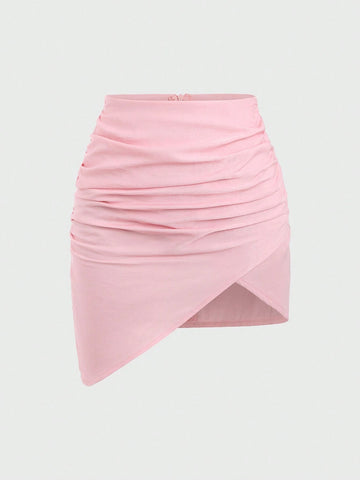 MOD Women Asymmetric Hem Ruched Mini Bodycon Skirt
