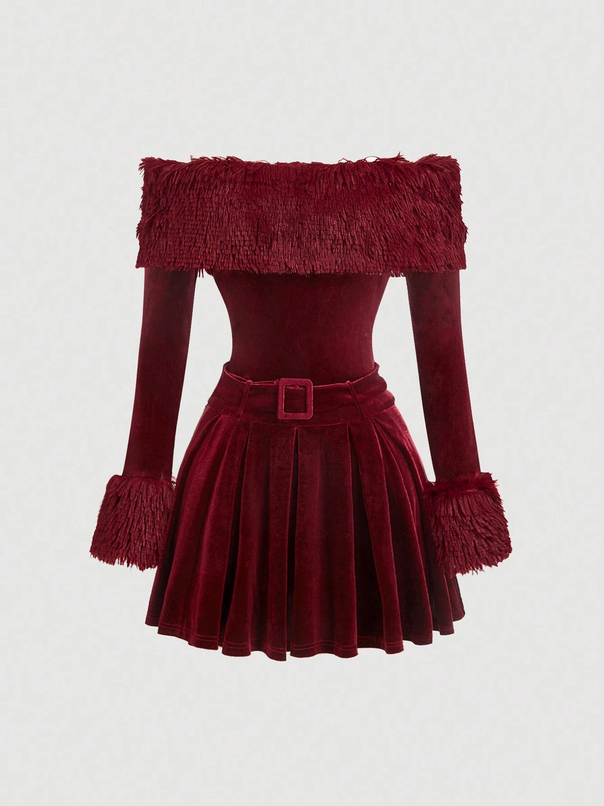 Women Bardot Faux Fur Trim Short Dress, Wine Red