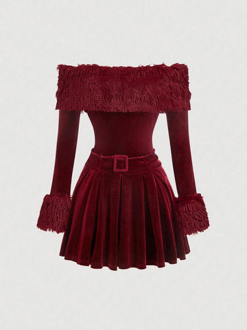Women Bardot Faux Fur Trim Short Dress, Wine Red