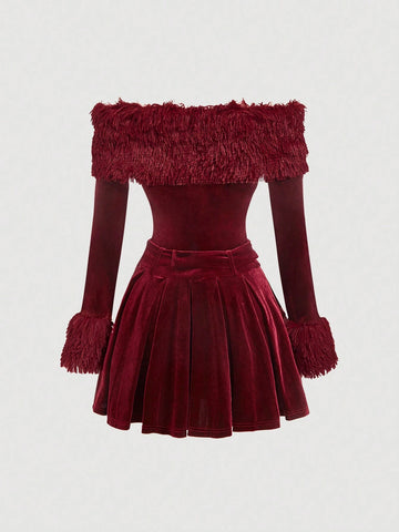 Women Bardot Faux Fur Trim Short Dress, Wine Red