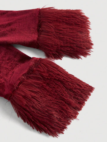 Women Bardot Faux Fur Trim Short Dress, Wine Red