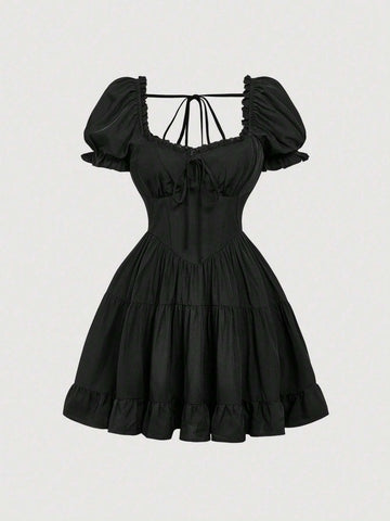 Women Casual Solid Color Puff Sleeve Mini Dress, Versatile