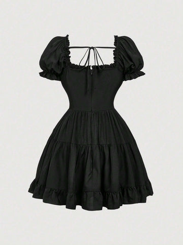 Women Casual Solid Color Puff Sleeve Mini Dress, Versatile
