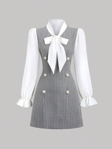 Women Contrast Color Bow Tie Patchwork Dress