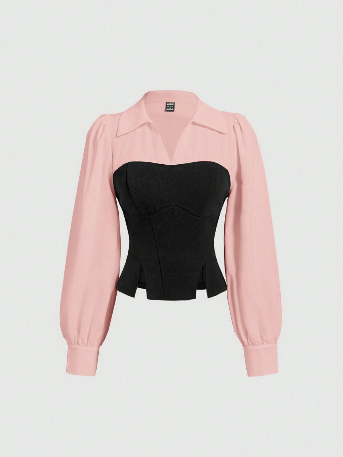 MOD Women Elegant Contrast Color Hem Slit Fitted 2in1 Blouse, Spring And Autumn