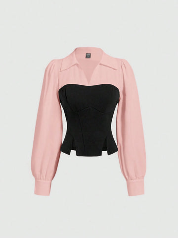 MOD Women Elegant Contrast Color Hem Slit Fitted 2in1 Blouse, Spring And Autumn