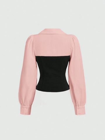 MOD Women Elegant Contrast Color Hem Slit Fitted 2in1 Blouse, Spring And Autumn