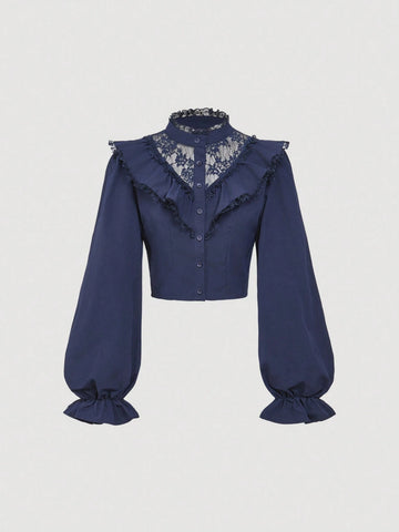 MOD Women Elegant Ruffle Trim Lace Contrast Blouse, Autumn
