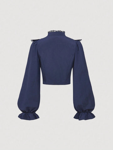 MOD Women Elegant Ruffle Trim Lace Contrast Blouse, Autumn